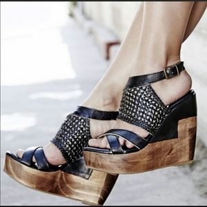 Bed Stu "Petra" black woven wedge platform sandals